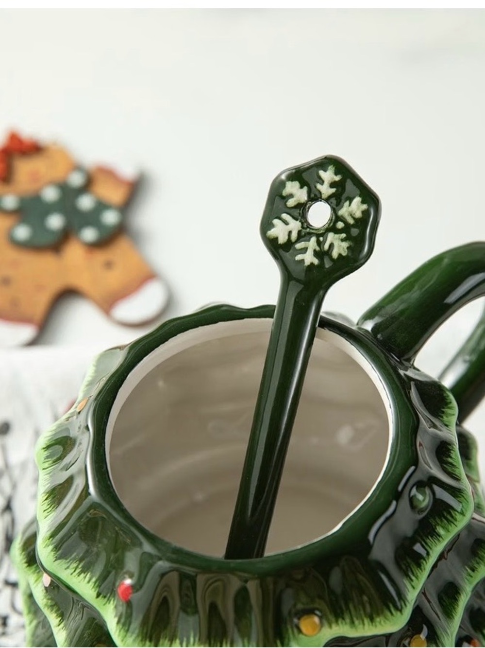 Ceramic Christmas Tree Mug with Spoon - Green & Yellow - Picture 4 of 7